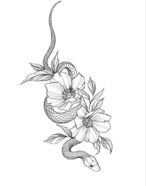 Drawing Of A Snake, Snake With Flowers, Snake And Flowers Tattoo, Snake And Flowers, Tattoos Illustration, Flores Tattoo, Studio Website, Poppies Tattoo, Snake Tattoo Design