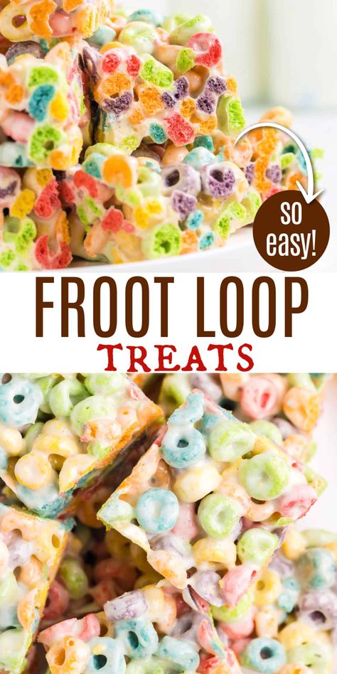 Froot Loop Treats are an easy and fun-to-make recipe. With ooey gooey marshmallows and fruity cereal, these treats are a colorful take on the classic rice krispie treats. Froot Loops Dessert, Froot Loop Cookies, Flavored Rice Krispie Treats Recipe, Cornflakes Marshmallow Treats, Fruit Loop Dessert, Fruit Loop Bars, Froot Loop Rice Krispie Treats, Different Kinds Of Rice Krispie Treats, Cereal Rice Crispy Treats