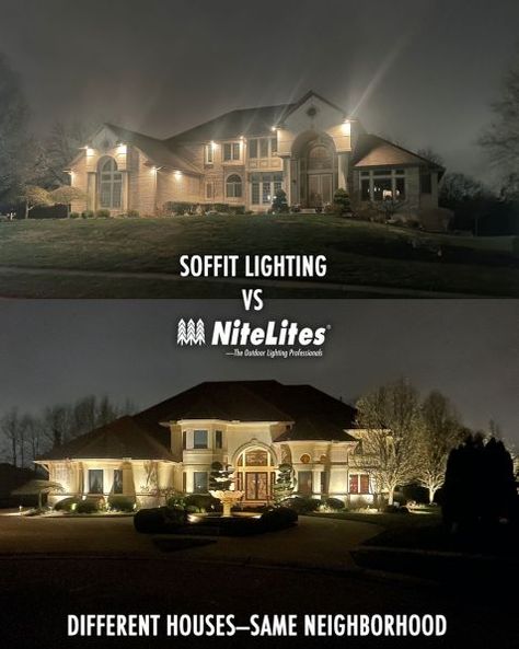 Image of Soffit versus NiteLites outdoor lighting. Outside Soffit Lighting, Front Porch Recessed Lighting, Side Of House Lighting Ideas, Exterior Recessed Lighting, Front Of House Lights, Up Lighting House Exterior, Recessed Porch Lighting, Eaves Lighting Outdoor, Downlighting House Exterior