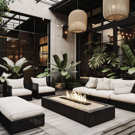 Recreate this amazing outdoor patio with finds from Amazon!  Click on the link to find affordable pieces to make your outdoor patio space your sanctuary.  Black wicker furniture, a cozy firepit, and rattan chandeliers create an effortless look.  #RHdupes #outdoorpatiofurniture #patiofurniture #outdoorspaces #blackpatio #amazoninfluener #amazonhomefinds Backyard Patio Seating Ideas, Outdoor Patio Lounge Ideas, Moody Outdoor Patio, Modern Deck Decor, Black Patio Ideas, Dark Patio Furniture, Patio Lounge Ideas, Outdoor Patio Ideas Modern, Black Patio Furniture Ideas