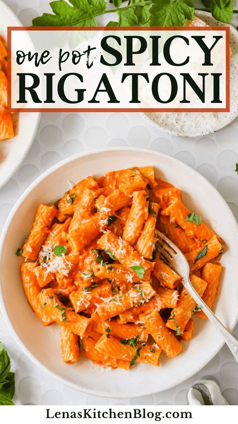 This spicy rigatoni is bursting with fiery flavors! Every forkful showcases the warmth of crushed red pepper, the richness of Parmesan and cream, and the tanginess of marinara. One Pot Spicy Rigatoni, Red Sauce Rigatoni, Malai Rigatoni, Creamy Spicy Rigatoni, Rigatoni Recipes Chicken, Spicy Rigatoni Pasta Recipe, Pasta Marinara Recipes, Spicy Red Sauce Pasta, Vodka Rigatoni Recipe