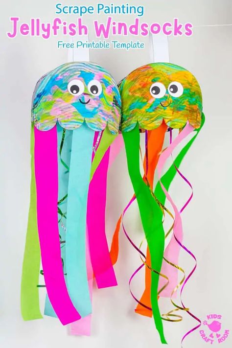 Scrape Painted Jellyfish Windsock Craft - Kids Craft Room Jellyfish Windsock, Painted Jellyfish, Windsock Craft, Art Jellyfish, Summer Preschool Crafts, Scrape Painting, Summer Arts And Crafts, Jellyfish Craft, Fun Summer Crafts