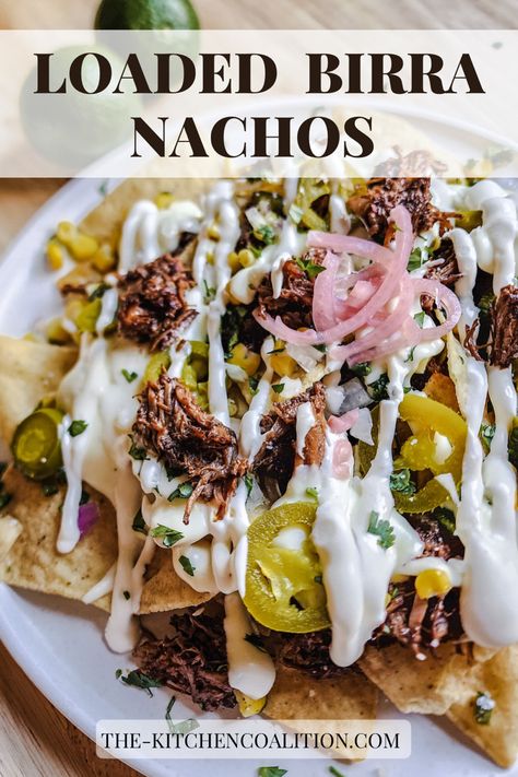 This loaded birria nacho recipe is a crowd pleaser! Customizable and filling, perfect for your next party. Birria For Party, Birria Nachos Recipe, What To Serve With Birria Tacos, Biria Taco Recipes Easy, Birria Nachos, Biria Taco, Views On The Road Recipes Birria, Texmex Recipes, Easy Corn Salsa