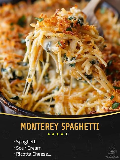 Eat Dat | This Monterey Chicken Spaghetti is THE BEST | Facebook Monterey Jack Recipes, Monterrey Chicken Spaghetti, Monterey Chicken Spaghetti Casserole, French Spaghetti, Monterey Spaghetti, Monterey Chicken Spaghetti, Best Chicken Spaghetti, Monterey Chicken, Chicken Spaghetti Casserole