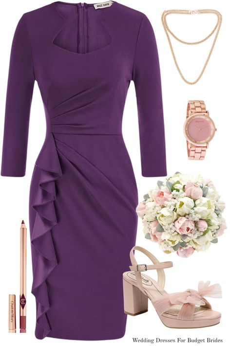 Wedding guest dress, bridesmaid dress, faux flowers, pink bow heels, rose gold watch Purple Dress Outfit Wedding, Purple Wedding Guest Outfit, Dusty Purple Dress, Purple Dress Outfits, Dress And Accessories, Purple Bridesmaid, Outfit Wedding Guest, Purple Bridesmaid Dresses, Ruby Wedding