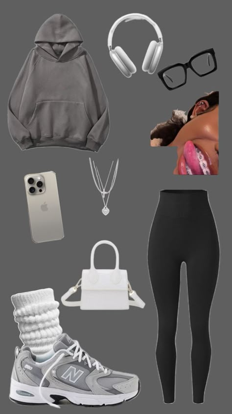 Chill Outfits With Hats, Rain Fits Aesthetic, Black It Girl Essentials, Grey Nb Outfit, Outfit Creator App, Go Carting Outfit Ideas, Outfit Ideas Puffer Jacket, Cute Outfits For When Its Cold, White Essentials Hoodie Outfit