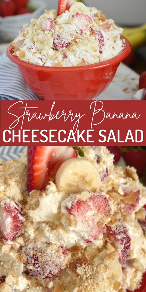 Indulge in the perfect party treat with our Strawberry Banana Cheesecake Salad. This delightful fruit salad combines succulent strawberries, sweet bananas, creamy cheese, and a luscious pudding mix, all topped with a fluffy whipped topping. For an extra touch of cheesecake magic, sprinkle with crushed vanilla wafers or graham crackers. Cheesecake Salad Recipe, Bananas And Cream, Banana Delight, Cream Cheese Pudding, Strawberry Banana Cheesecake Salad, Cheesecake Salad, Cheese Pudding, Light Dessert, Banana Cheesecake