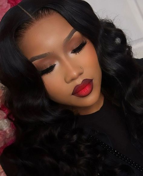 Smokey Eye Makeup Black Woman, Black Smokey Under Eye Makeup, Black Woman Red Makeup, Makeup For Birthday Photoshoot, Red Dress Eye Makeup Looks, Makeup Red Lipstick Black Women, Black Woman With Red Lipstick, Natural Red Makeup Looks Black Women, Natural Makeup Red Lips Black Women