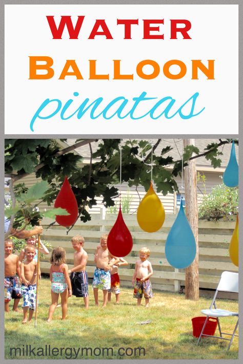 Our inexpensive outdoor water party has been featured many times not for its extravagant lunch menu but for its awesome fun activities. A food allergy parent's dream come true! Small Pool Party Ideas, Ballon Pinata, Water Birthday Parties, Balloon Pinata, Milk Allergy Mom, Water Birthday, Splash Party, Backyard Birthday Parties, Water Games For Kids