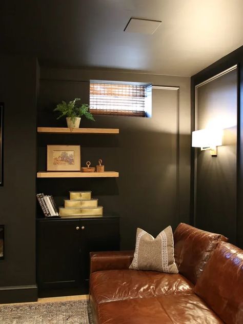 Black Walls Ceiling, Black Ceiling Basement Dark Walls, Media/game Room, Bourbon Themed Basement, Media Room Paint Colors Wall, All Black Basement Ideas, Black Walls In Basement, Black Walls And Ceiling Living Room, Dark Wall Basement