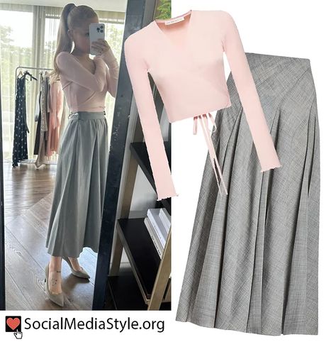 Ariana Grande's pink wrap top and grey skirt Pink Wrap Top, Crop Wrap Top, Pink Top Outfit, Wool Maxi Skirt, Baby Pink Top, Tall Skirt, Ariana Grande Outfits, Woman Outfit, Grey Skirt