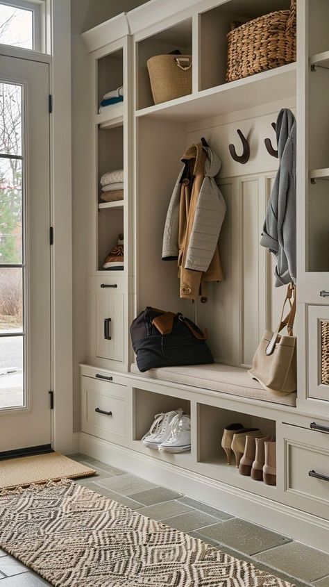 Modern entryway storage system with built-in shelves, coat hooks, and seating bench in a modern home, showcasing organization and functionality. Built In Entryway, Modern Entryway Storage, Cottage Entryway, Foyer Storage, New England House, Mudroom Remodel, Seating Bench, Mudroom Makeover, An Organized Home