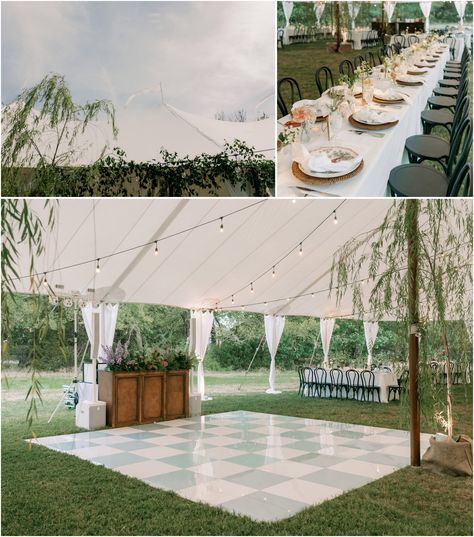 A backyard wedding with a tented reception, checkered dance floor, and organic florals. Wedding Tent Dance Floor Ideas, Outdoor Reception Set Up, Tent Wedding Floor Plan, Wedding Outside Dance Floor, Garden Wedding Dance Floor, Tent Floor Ideas, Checkered Wedding Dance Floor, Checkerboard Dance Floor Wedding, Rug Dance Floor Wedding