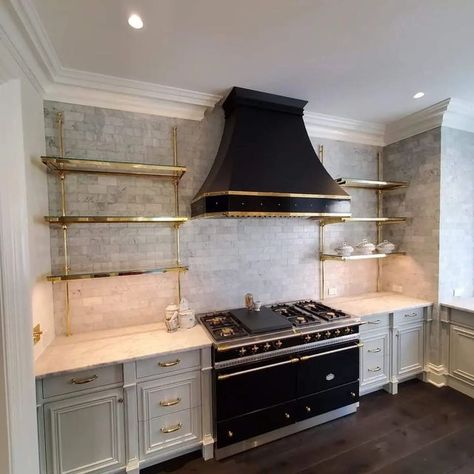 Lights On Either Side Of Range Hood, Brass Range Hood Kitchen, Elegant Kitchens Luxury, Custom Vent Hood, Zinc Range Hood, Stainless Steel Hood Vent, Stainless Steel Fabrication, Dreamy Kitchens, Kitchen Maid