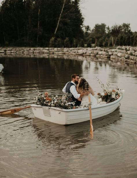 Row Boat Wedding Photos, Dock Ceremony Wedding, Pond Side Wedding, Outdoor Pond Wedding, The Notebook Themed Wedding, Wedding In Front Of Pond, Wedding Boat Pictures, Boat Dock Wedding, Pond Wedding Ceremony