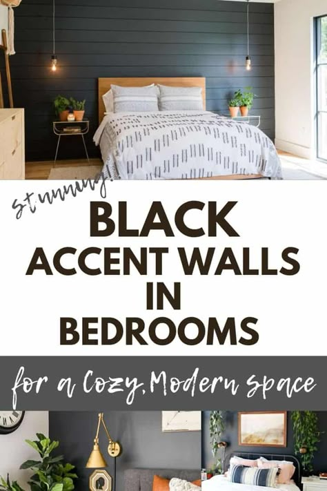 Get the modern farmhouse, cozy boho look in a bedroom with a black accent wall. See stunning examples of how it works perfectly, plus tips on how to combine elements to make the perfect modern farmhouse bedroom retreat. Rooms With A Black Accent Wall, Black Walls In Bedroom Ideas, Light Oak Wood Bedroom Ideas, Diy Black Accent Wall Bedroom, One Wall Black Bedroom, Black Wall Bedroom Modern, Wall Decor For Black Wall, Master With Black Accent Wall, Men’s Bedroom Accent Wall