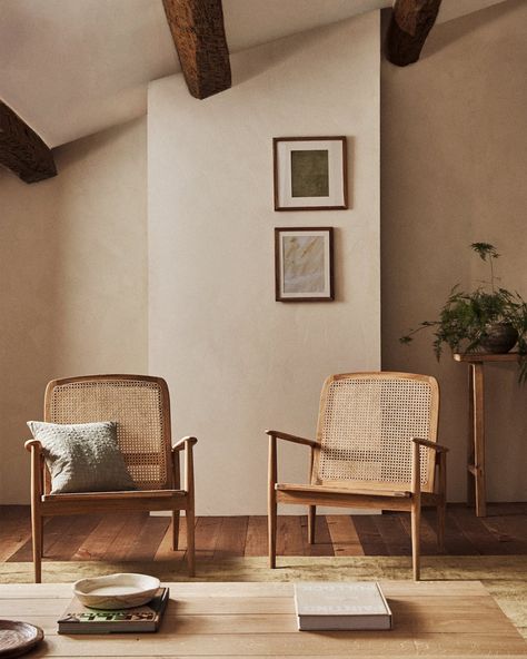 Zara Home on Instagram: “NEW IN · Armchair with teak wooden armrests and a rattan back. Find out the new arrivals from SS21 Collection at zarahome.com” Zara Home Interiors, Japandi Living Room, Japandi Living, Japandi Interior, Rattan Armchair, Minimalism Interior, Arm Chairs Living Room, The Chair, Living Room Inspo