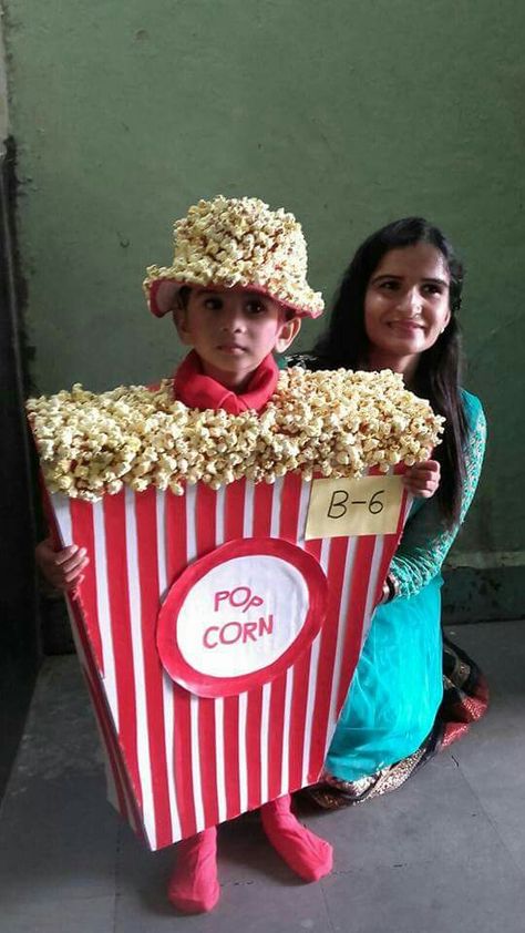 Diy Popcorn Costume, Best Fancy Dress Ideas, Movie Fancy Dress, Halloween Costumes Kids Homemade, Popcorn Costume, Fancy Dress Costumes Kids, Fancy Dress Ideas, Diy Popcorn, Fancy Dress Competition