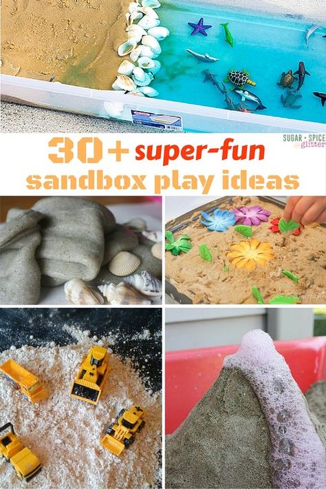 30 sandbox play ideas - everything from imaginative play to science experiments and unconventional sandbox toys, this list of sandbox play ideas will keep your kids busy all summer long. Sand is the most universal sensory play material, don't overlook it - there are so many ways to play. Sandbox Toys, Play Ideas For Kids, Sensory Play Recipes, Kids Sensory Play, Sugar Glitter, Sand Play, Educational Activities For Kids, Toy Ideas, Outdoor Activities For Kids