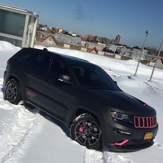 Jeep SRT8 wrapped deep matte black with matte pink highlights and calipers Srt8 Jeep, Srt Jeep, Jeep Srt8, Lifted Jeeps, Jeep Grand Cherokee Srt, Pink Jeep, Black Jeep, Jeep Grand Cherokee Limited, Lifted Jeep