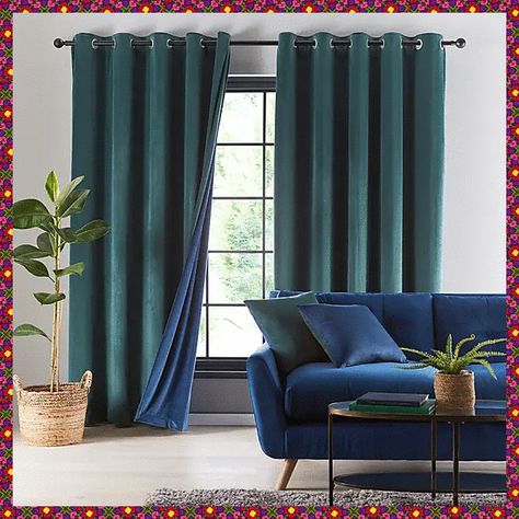 Blue Curtains Living Room, Blue And Gold Living Room, Copper Living Room, Navy Living Rooms, Blue Couch, Gold Living Room, Eyelet Curtains, Curtain Pole, Gold Bedroom