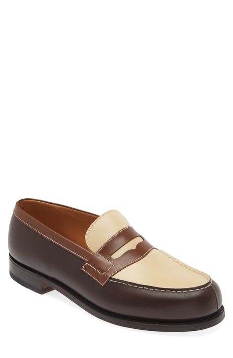 The French brand's iconic loafer is crafted by hand in Limoges and draws its name from the 180 steps required to create this colorblock apron-toe slip-on. Goodyear welt construction reinforces the enduring style. Leather upper, lining and sole Made in France Designer Shoes Jm Weston, Penny Loafers Men, Mens Summer Shoes, Penny Loafer, French Brands, Goodyear Welt, Penny Loafers, Summer Shoes, Mens Summer