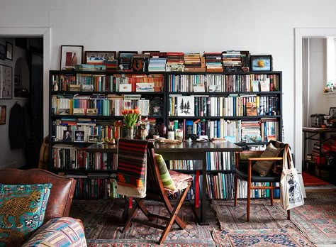 A Book-Filled Manhattan Apartment Where Everything Tells a Story | Cup of Jo Books In Apartment, Book Filled Apartment, Writers Apartment, Writer Apartment, Books Apartment, Apartment Manhattan, Tiny Apartment Decorating, Athens Apartment, Cup Of Jo