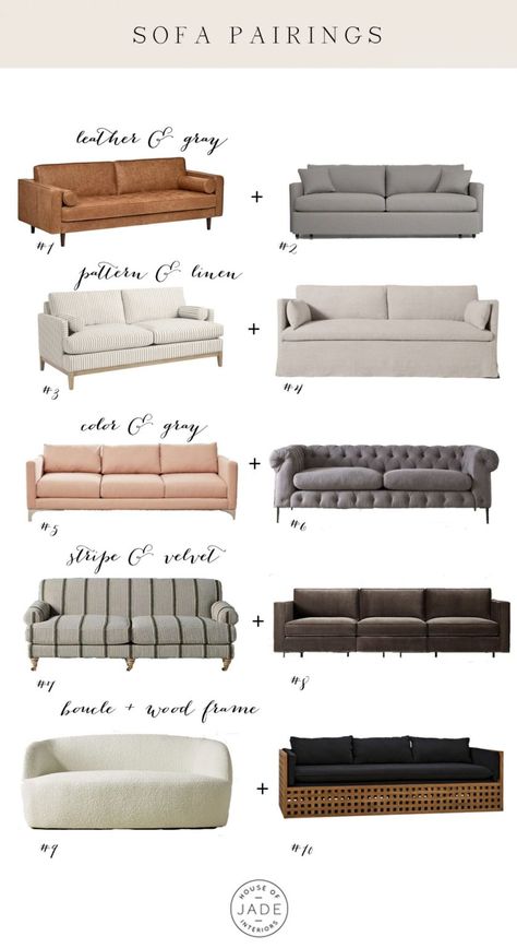 Sofa Pairing Tips | House of Jade Interiors Article Sofa Living Room, Low Back Sofa Living Rooms, Mismatch Couches Living Room, Mismatched Sofas, Article Sofa, House Of Jade Interiors, Trendy Sofas, Sofa Layout, Statement Sofa