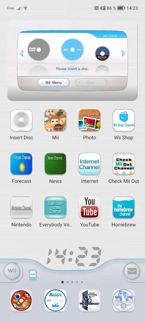 Wii Start Screen, Wii Iphone Widget, Wii Homescreen Wallpaper, Nintendo Wii Widgets, Wii Themed Phone Icons, Wii Iphone Homescreen, Wii Phone Layout, Nintendo Icons Aesthetic, Wii Background Wallpaper