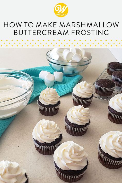 If youâve got a sweet tooth for buttercream, this is the recipe for you! Fluffy and light, this buttercream is made using marshmallow creme for that deliciously sweet flavor. Use it as a filling between cake layers, or pipe it on your favorite chocolate cupcake recipe. Like American buttercream, this frosting can be colored and piped. However, we donât suggest using it for detailed, 3-D decorations, as itâs too soft to hold the shape. #wiltoncakes #buttercream #marshmallowfrosting #frostin Marshmallow Frosting Cupcakes, Marshmallow Frosting With Fluff, Marshmallow Buttercream Frosting, Marshmallow Frosting Recipes, Marshmallow Icing, Frosting Buttercream, Marshmallow Buttercream, How To Make Marshmallows, Marshmallow Frosting