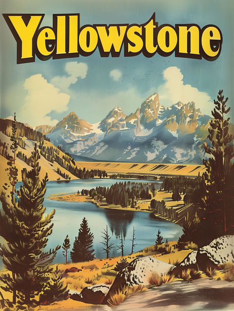 Vintage Yellowstone National Park Travel Poster! This charming artwork celebrates the rugged beauty of one of America's most beloved natural treasures, perfect for lovers of vintage aesthetics and wilderness adventure. This high-quality, printable artwork is available for instant download, offering a quick and easy way to infuse your living space with a touch of Yellowstone's natural splendor. It's a versatile addition to any decor, equally at home in a rustic cabin or a contemporary apartment. Vintage National Park Posters, Vintage Yellowstone, Welcoming Entryway, Stone Park, American National Parks, American Landscape, American Bison, Wild Heart, Vintage Travel Poster