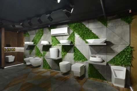 Ceramic Studio | pdp architects - The Architects Diary Bathroom Showrooms Display, Tiles Display Ideas, Bathroom Showroom Display Store Design, Showroom Wall Design, Tiles And Sanitary Showroom, Tiles Display Showroom Ideas, Tile Showroom Interior Design Ideas, Tiles Showroom Display Ideas, Studio Entrance