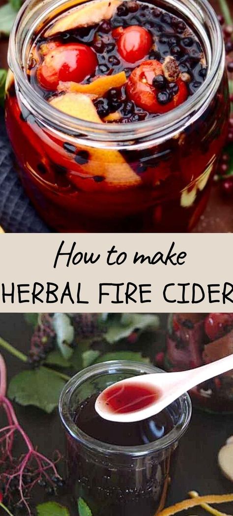 This rich Herbal fire-cider packed with antioxidants, minerals and vitamin C is an alcohol-free way to boost your immune system with nutrient-rich herbs, fruits and roots and warm up your body. Fire Cider Benefits, Herbalism Recipes, Elderberry Benefits, Fire Cider Recipe, Elderberry Recipes, Herbal Medicine Recipes, Herbal Remedies Recipes, Herbal Tonic, Fire Cider