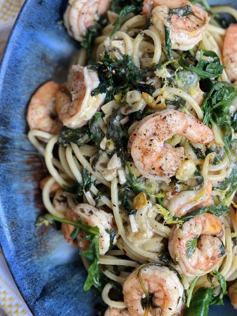 Shrimp Scampi Pasta with Arugula Shrimp Arugula Pasta, Shrimp Arugula, Shrimp Oreganata, Pasta With Arugula, Arugula Pasta, Shrimp Scampi Pasta, Scampi Pasta, Arugula Recipes, Italian Seafood Recipes