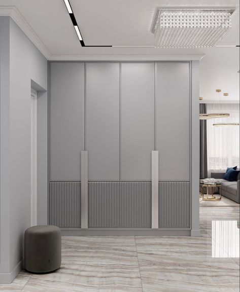 Casement Wardrobe Design, Grey Cupboards Bedroom, Wardrobe In Living Room, Sliding Wardrobe Laminate Design Modern, Latest Sliding Wardrobe Designs, Wardrobe Groove Design, Wadrobe Clothes Design Bedroom, Minimal Cupboard, Wardrobe Shutter Design Modern