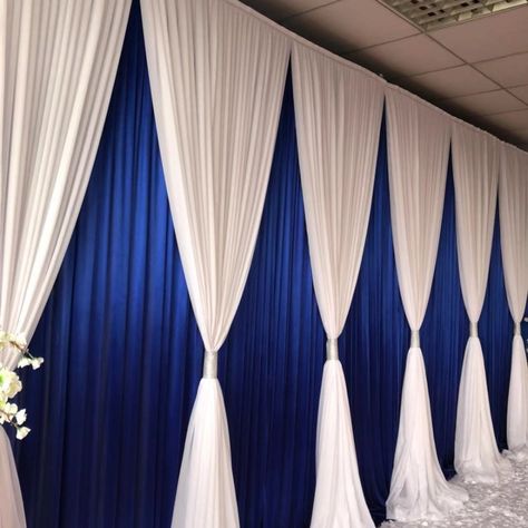 Church Curtains Stage Design, Royal Blue Curtains, Backdrop Inspiration, Blue And White Curtains, Purple Swag, Blitz Design, Reception Layout, Church Altar Decorations, Stage Curtains