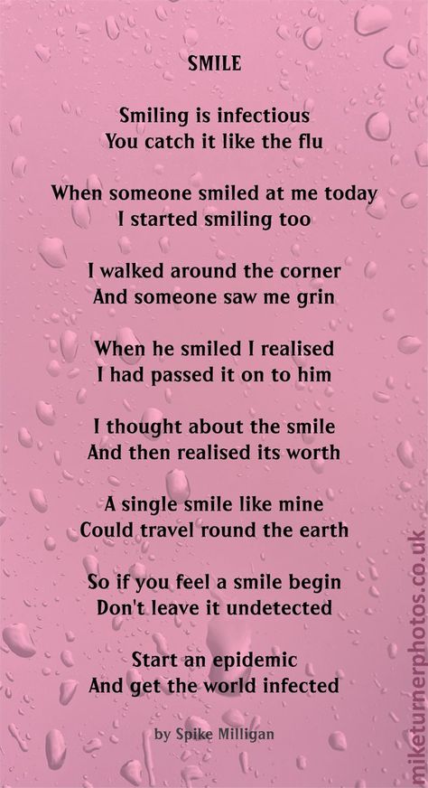 smile poem by spike milligan Inspirational Poems For Kids, English Poems For Kids, Spike Milligan, Small Poems, Rhyming Poems, Meaningful Poems, Happy Poems, Childrens Poems, Childrens Poetry