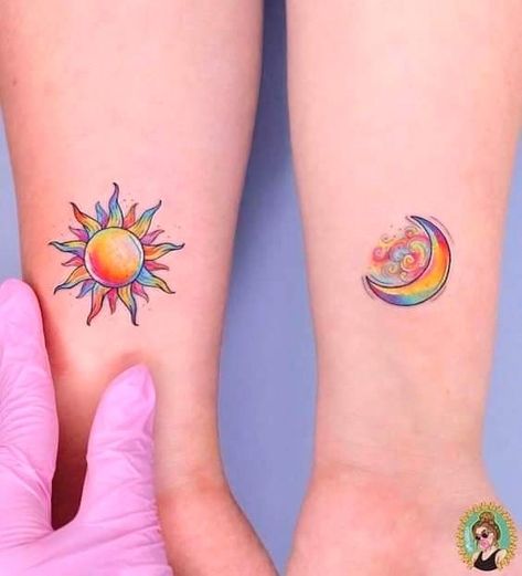 Moon Tattoo Colorful, Sun And Moon Tattoos, Maching Tattoos, Moon Sun Tattoo, Celestial Tattoo, Sun Tattoo Designs, Tattoos Infinity, Bestie Tattoo, Rainbow Tattoos