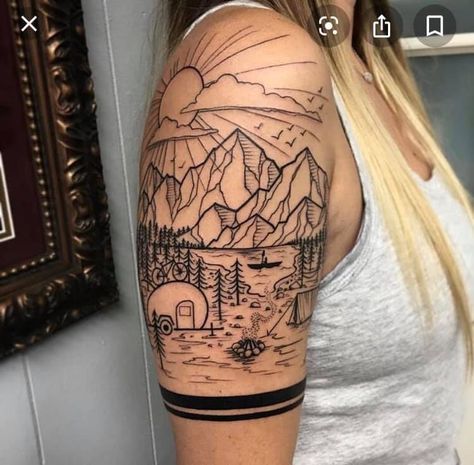 Color Nature Tattoo Sleeve Women, Tattoo Brazo Mujer, Muse Tattoo, Natur Tattoo Arm, Camping Tattoo, Nikko Hurtado, Nature Tattoo Sleeve, Full Sleeve Tattoo Design, Landscape Tattoo