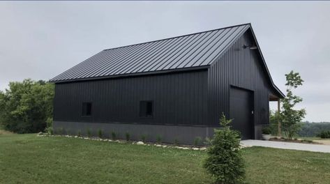 Charcoal Metal Building, Black Metal Shop Building, Black Detached Garage, Grey Metal Building, Black Metal Garage, Black Pole Barns, Black Metal Barn, Black Metal Building, Barn Garage Ideas