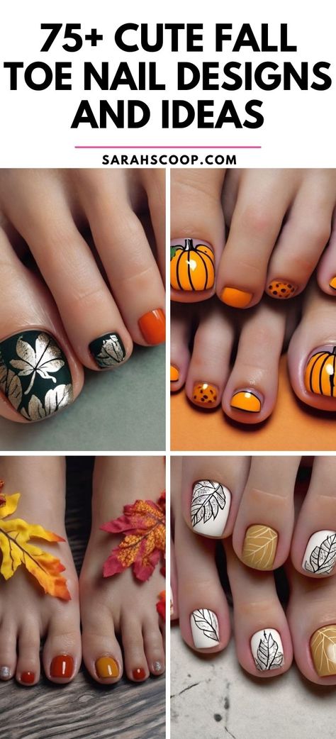 Autumn Toenail Art to Fall in Love With! 🍂 #nailinspo #naildesigns #autumn Round Shaped Toenails, Leaf Pedicure Design, Toenail Fall Designs, October Toenails, Halloween Nails Pedicure, Toenail Nail Art, Candy Corn Toenails, Pumpkin Pedicure Design, Fall Inspired Toenails