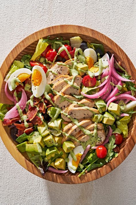 Delish Panera Salad Recipes, Panera Salads, Quick Work Lunch Ideas, Panera Green Goddess Salad, Green Goddess Cobb Salad, Copycat Panera Bread, Grain Bowl Recipe, Chicken Cobb Salad, Easy Baked Chicken Breast