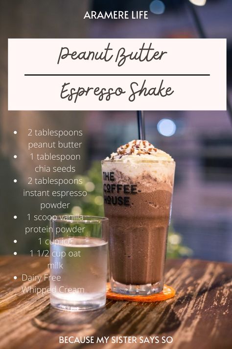 pin links to a recipe for an peanut butter espresso protien shake Protein Shake With Espresso, Espresso Protein Shake, Protein Shake No Banana, Protein Shake Recipes Fat Loss, Espresso Shake, Protien Shake Recipes, Ninja Smoothie Recipes, Herbalife Club, Shakes Recipes