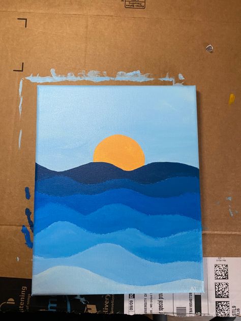 Cute Mini Canvas Paintings Easy Sunset, Ocean Simple Painting, Ocean Wave Acrylic Painting, Siloette Ideas Painting Easy, 5 Minute Painting Ideas, Summer Paintings Simple, Mini Canvas Art Beach Easy, Easy Blue Paintings Simple, Wave Painting Simple