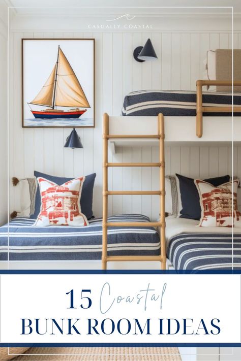 15 Coastal Bunk Room Ideas to Copy Coastal Bunkrooms, Bunk Room Decor Ideas, Beach Bunk Beds, Beach Bunk Room Ideas, Lake Bunk Room, Queen Over Queen Bunk Beds Diy, Bunk Rooms Lake House, Coastal Bunk Room, Coastal Kids Bedroom