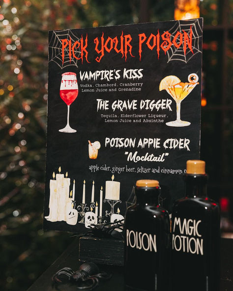 Halloween Bar Menu Halloween Bar Party Ideas, Halloween Bar Decoration Ideas, Halloween Drink Menu Ideas, Halloween Bar Menu Ideas, Halloween Drink Station Ideas, Pub Halloween Decorations, Bar Halloween Decorations, Pick Your Poison Bar, Potion Bar Halloween