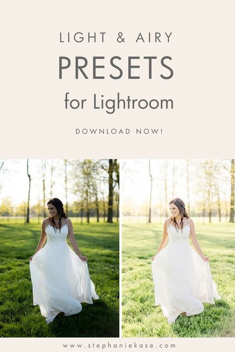 Want a dreamy, magical style - perfect greens and creamy skin tones included? Download the SK Light & Airy Presets for Lightroom desktop for a gorgeous photography editing style! Editing Wedding Photos, Light And Airy Presets For Lightroom, Light And Airy Photography Editing, Light Airy Photography, Photoshop Beginners, Airy Clothing, Preset Settings, Wedding Photography Presets, Wedding Photography Editing