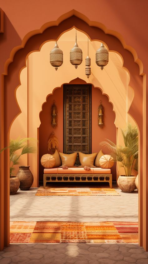 Rajasthan Mood Board, Morocco Color Palette, Mughal Interior, Marocco Interior Design, Indian Style Bedroom, Arabian Design, Moroccan Home Decor, Style Marocain, Mughal Architecture