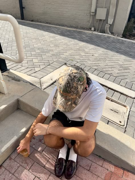 Fashion inspo, loafers, jorts, white tee, minimal, Camo Hat Outfit Men, Camo Hat Outfit, Camo Hats Outfits, White Cap Outfit, Hat Men Outfit, Camo Aesthetic, Hat Outfit Men, Boys Aesthetic Outfits, White Tees Outfit