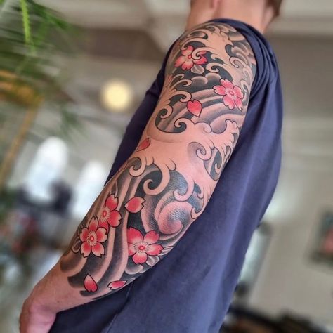 Japanese Sleeve Background Design, Cherry Blossom Tattoo Men Arm, Japanese Memorial Tattoo, Koi And Sakura Tattoo, Asian Themed Tattoos, Mens Cherry Blossom Tattoo, Blossom Tattoo Men, Sakura Tattoo Men, Cherry Blossom Japanese Tattoo